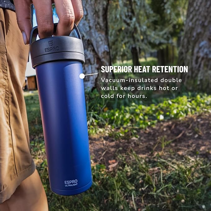 ESPRO P0 Ultralight French Press Coffee Maker for Travel Vacuum Insulated Stainless Steel 16 Ounces Blue