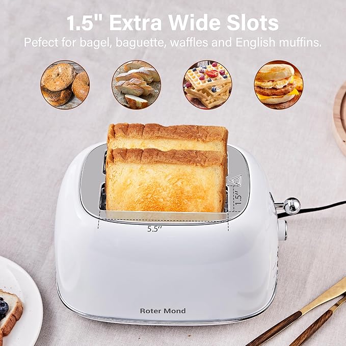 Roter Mond 2 Slice Toaster Retro Stainless Steel with Bagel Cancel and Defrost Functions 6 Bread Shade Settings Extra Wide Slots and Removable Crumb Tray White
