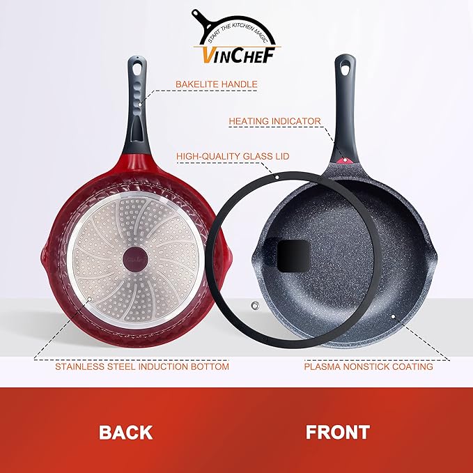 Vinchef Nonstick Skillet with Lid 11In/5Qt Aluminum Deep Frying Pan with Lid and Heat Indicator Anti Scratch and Anti Stain Deep Saute Pan Induction Compatible