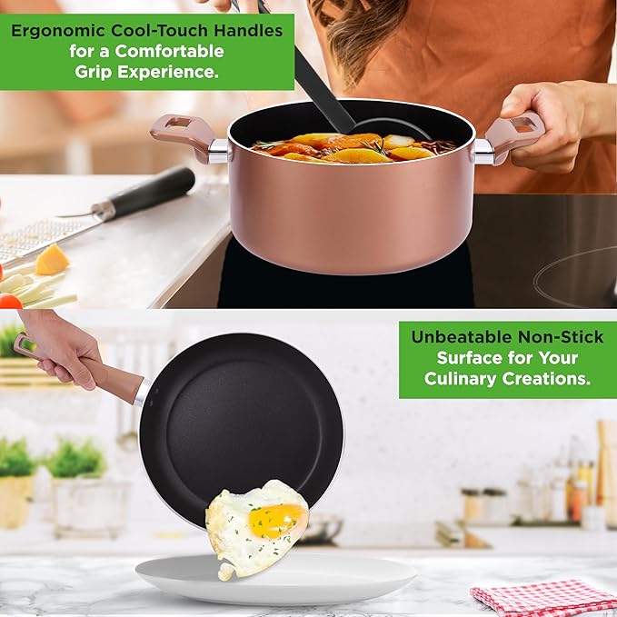 NutriChef Kitchenware Pots &amp Pans - Stylish Kitchen Cookware Set Non-Stick (13-Piece Set) Brown One Size (NCCWA13BR.5)