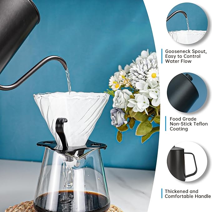SuperCook Hand Drip Pour Over Coffee Set All in One Includes Gooseneck Kettle V60 Glass Dripper Paper Filter Cups Manual Grinder Scale Ideal for Anniversary Birthday Gift