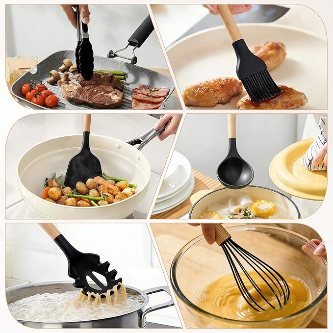 BlingKingdom Premium Silicone Cooking Utensil Set 24-Piece Non-stick Kitchen Cooking Utensils with Wooden Handle 446°F Heat Resistant Silicone Kitchen Utensil Tool for Nonstick Cookware - Black