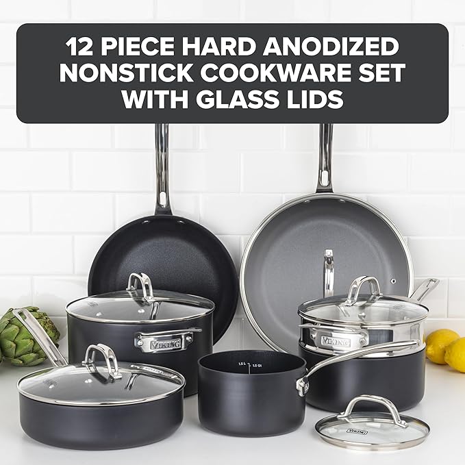 Viking Pots and Pans Set Non Stick12 Piece Hard Anodized Kitchen Cookware with Glass Lids Black