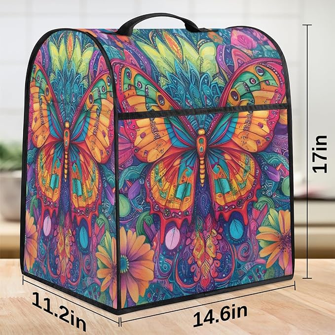 Kitchen Aid Mixer Cover Animal Butterfly Color Flowers Stand Mixer Cover Compatible with 6-8 Quarts Stand Mixers Dust Covers with Zipper Pocket Foldable Washable Kitchen Aid Organizer Bag