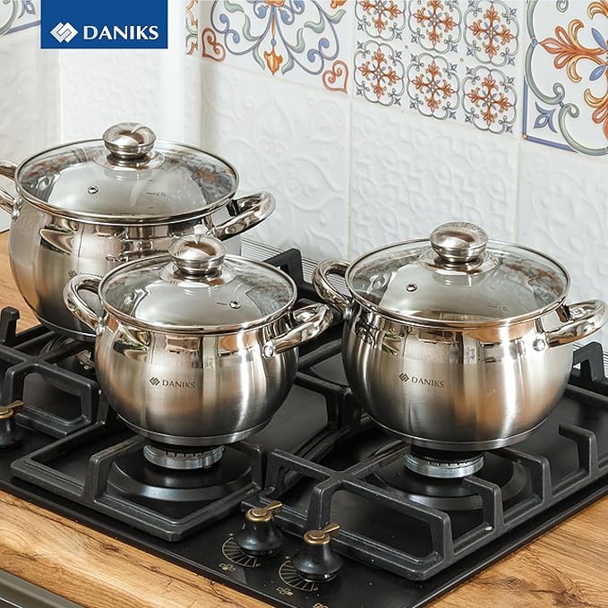 Daniks Classic 6-Piece Stainless Steel Cookware Set with Glass Lids Tri-Ply Bases for Even Heating Induction Compatible Dishwasher Safe