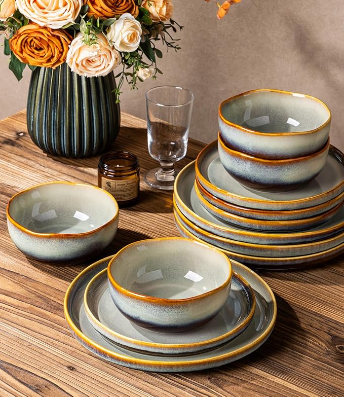 TheTerra Ceramic Dinnerware Sets for 4 12 Pieces Handmade Reactive Glaze Plates and Bowls Sets Scratch Resistant Dish Set Oven &amp Microwave &amp Dishwasher Safe Brown Blue