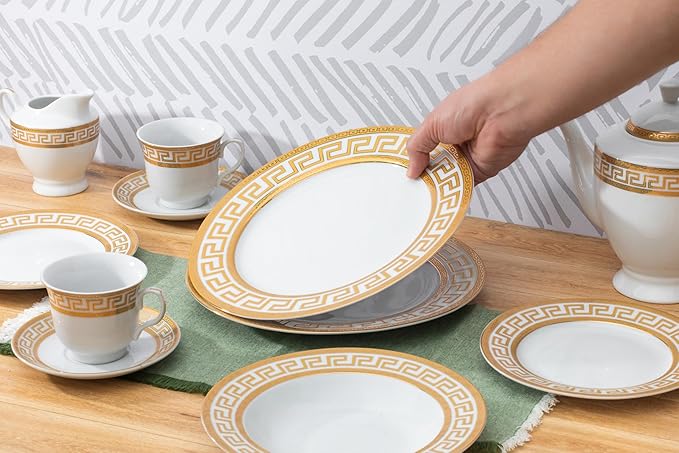 Dinnerware Set in Gold and White Fine Porcelain for Every Day or Formal Occasions Tableware Setting 57 Pieces Service for 8