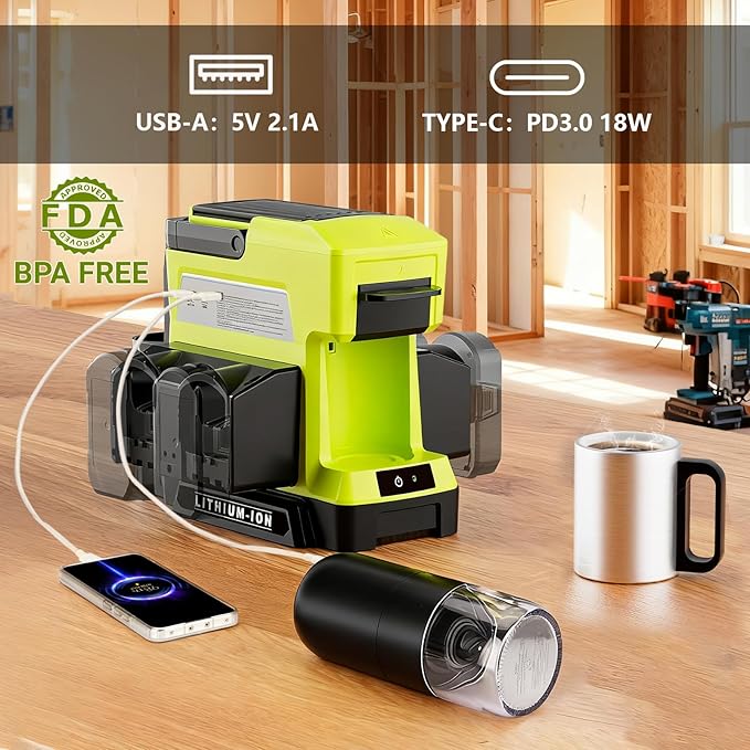 Cordless Coffee Maker for Ryobi 18V Battery 3 Brewing Options Drip Coffee Maker with Coffee Grinder Portable Single Serve Coffee Makers for Camping Travel and Jobsite. (Tool Only)
