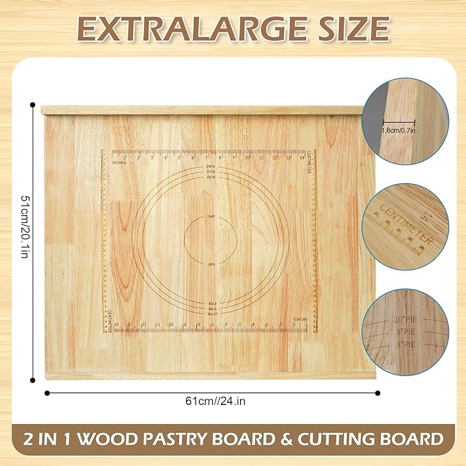 24 x 20 Reversible Wooden Pastry Board Wood Pasta Board with Lip Bread Board Cutting Board Chopping Board Pie Board with Engraved Ruler for Counter Top Kitchen-Wood