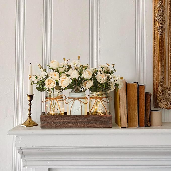 3 Pcs Mason Jar Centerpiece Table Decorations for Dining Table Decor Farmhouse Coffee Table Decor with Wood Tray and Led Light Table Centerpieces for Dining room Kitchen Living BathroomWhite