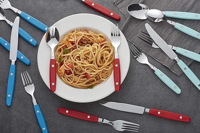 ANNOVA Silverware Set Retro/Rivet Colorful Stainless Steel Tableware Kitchen Flatware Set Utensils Includes Dinner Knives Forks Spoons Salad Forks &amp Dessert Spoons (Red 20 Pieces)