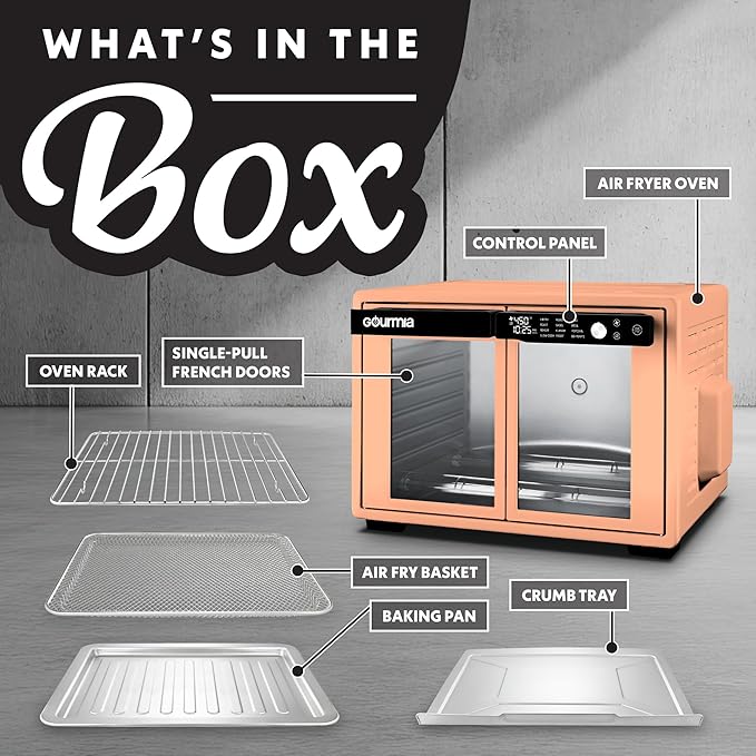 Gourmia French Door Air Fryer Oven - 37 Qt Large Capacity Convection Toaster Oven FryForce 360° Digital Display 12 Cooking Presets Dehydrate Fits 13” Pizza Dishwasher-Safe Peach