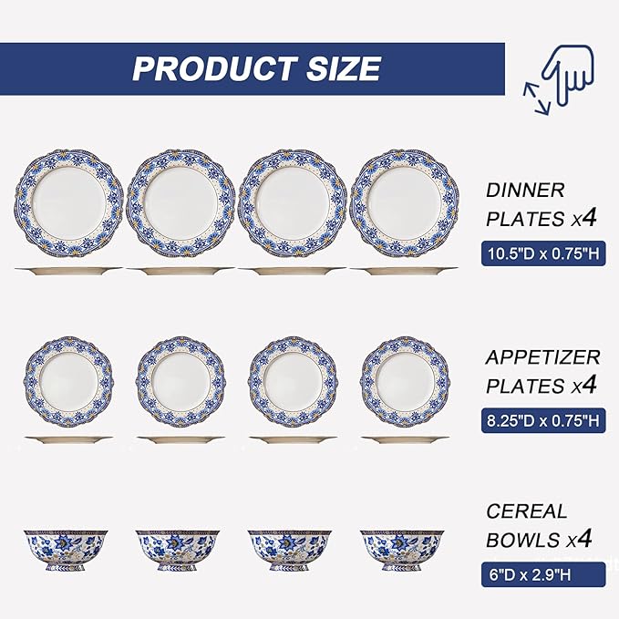 ACMLIFE Bone China Tea Set &amp Dinnerware Set for 4 Vintage Floral Design Blue and White