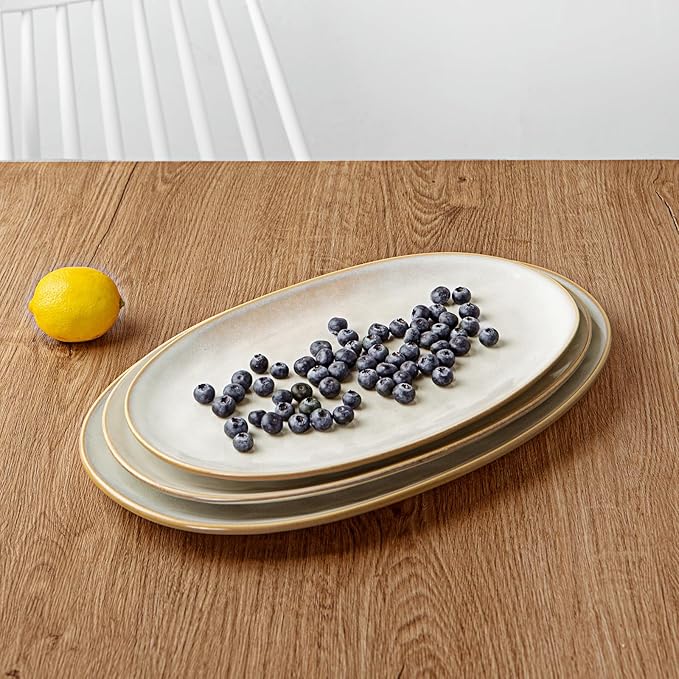 Famiware Star Plates and Bowls Sets + 3 Pcs Ocean Oval Serving Platter 15-Piece Dinnerware Sets for 4 Cappuccino White