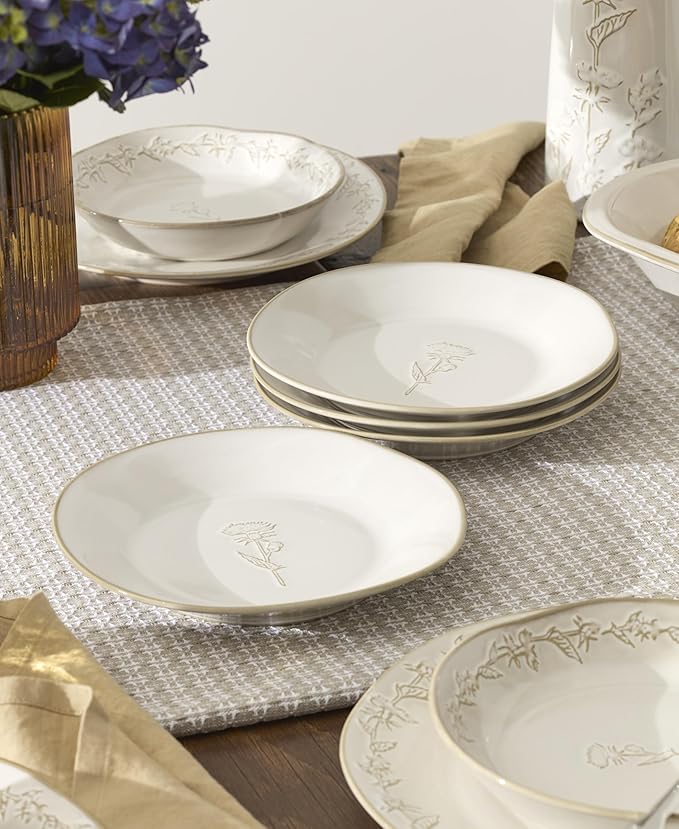 Lenox Dinnerware Set Homespun 12-Piece Set Service For 4 Stoneware Material Dishwasher &amp Microwave Safe Home And Kitchen Dishes Kitchen And Dining Plates And Bowls Sets (White 12 Pieces)