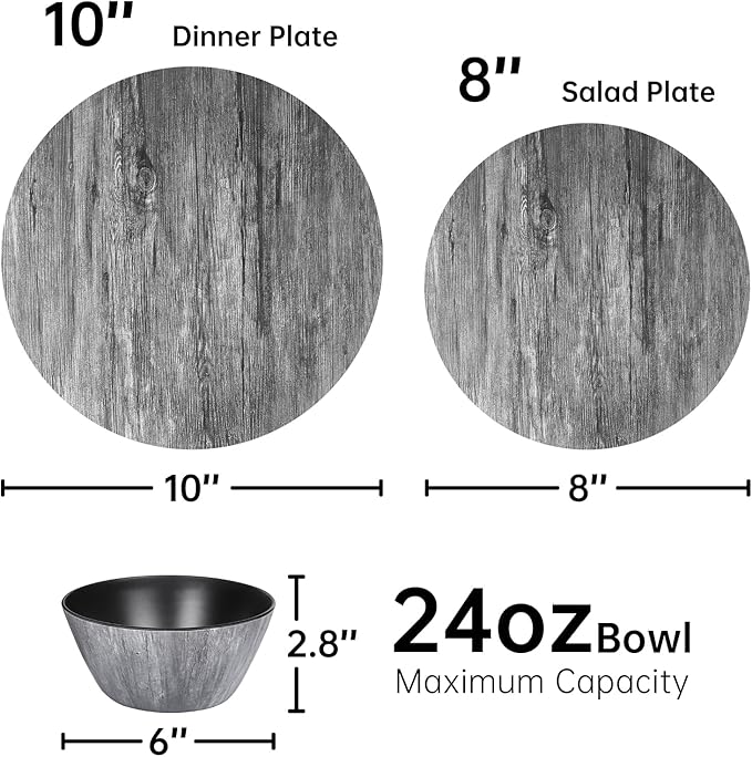 Melamine Dinnerware Set – Rustic 12 Piece Plates and Bowls Heavy Duty Dishes for Indoor Outdoor Use Break-Resistant Dishwasher SafeBlack Wood Grain