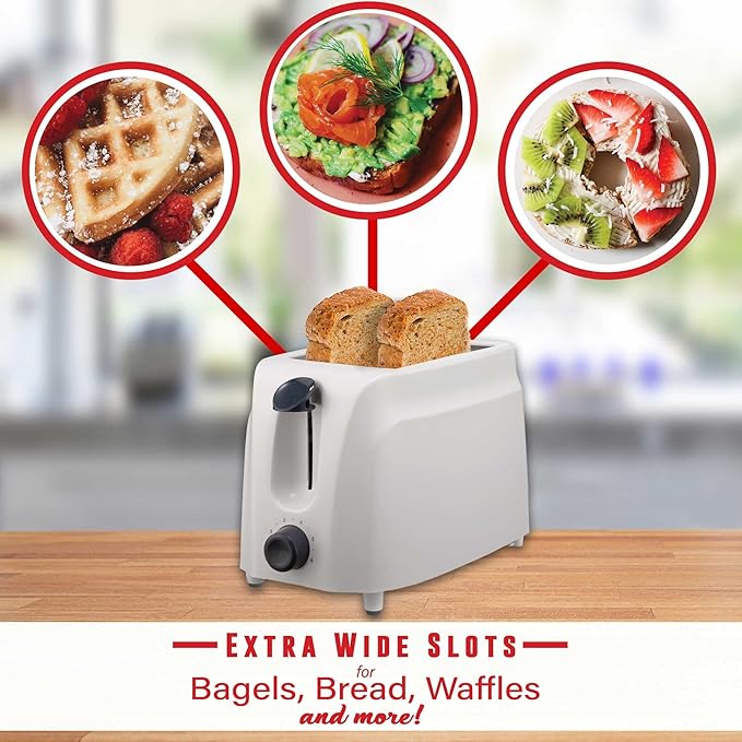 Cool Touch 2-Slice Toaster with 6 Browning Settings Auto-Centering Guides Crumb Tray &amp High Lift – White Compact Toaster for Bread Pastries and Waffles