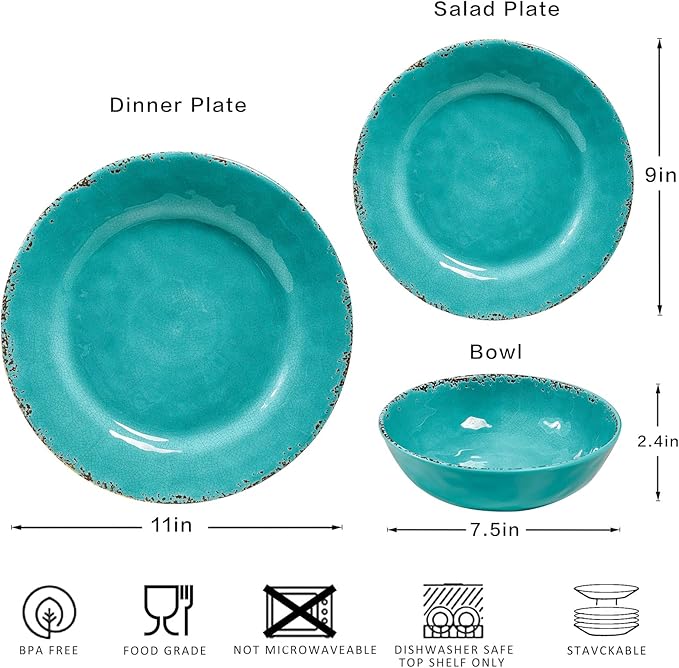 Farmhouse Melamine Plates and Bowls Set Set of 4 BPA Free 100% Melamine 12 Piece Vintage Dishes Dinnerware SetsDishwasher Safe Teal