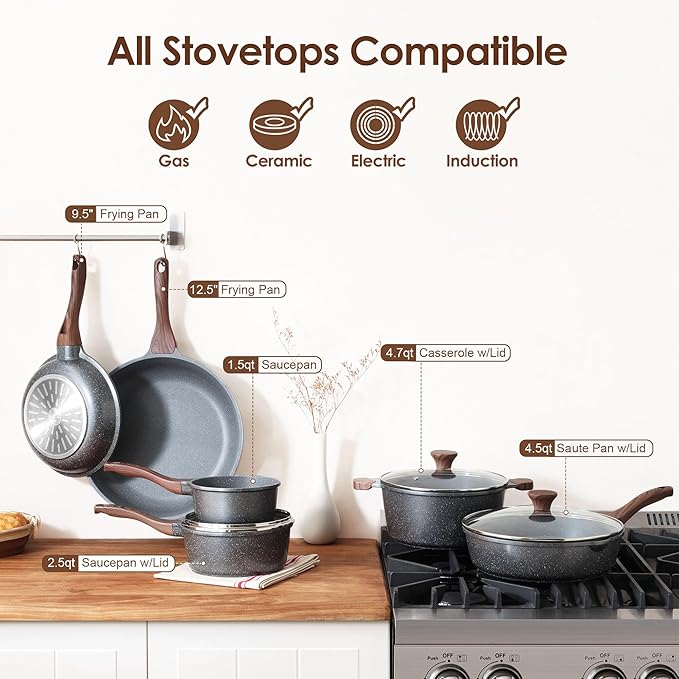 SENSARTE 17 Piece Nonstick Cookware Set includes 10 Inch Omelet Pan with Lid Induction Compatible Frying Pan Skillet
