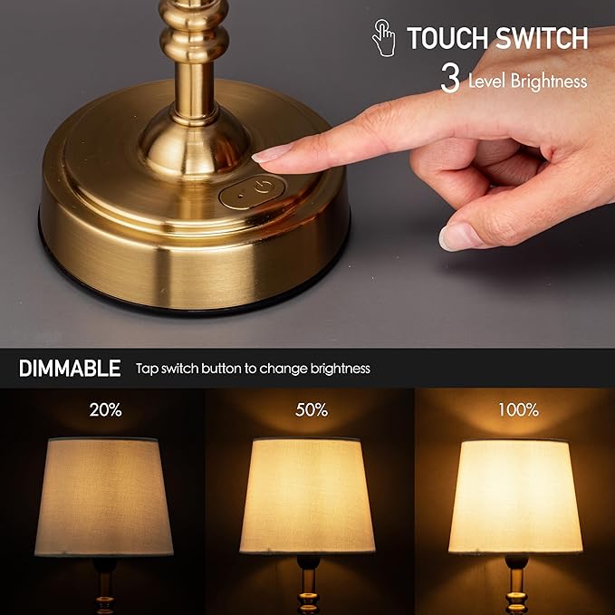 O’Bright Seraph mini – Cordless LED Table Lamp with Dimmer Built-in Rechargeable Battery 3-Level Brightness Patio Table Lamp Bedside Night Lamp Ambient Light for Restaurant Antique Brass