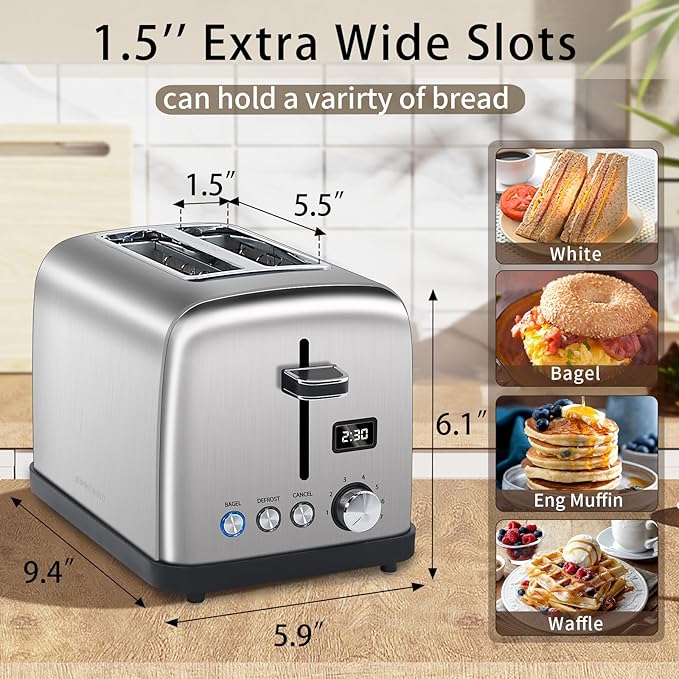 SEEDEEM Toaster 2 Slice LCD Display 7 Shade Settings 1.4'' Wide Slots Stainless Steel Digital Toaster for Bagel Defrost Reheat Removable Crumb Tray 900W Silver Metallic