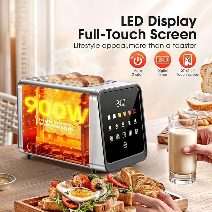 Toaster 2 Slice Wide Slot Stainless Steel Digital Toasters Best Rated Prime Touch Screen Toaster for 5 Bread Types/6 Shade Settings/Single Slot Toasting/Memory Function/Defrost/Reheat