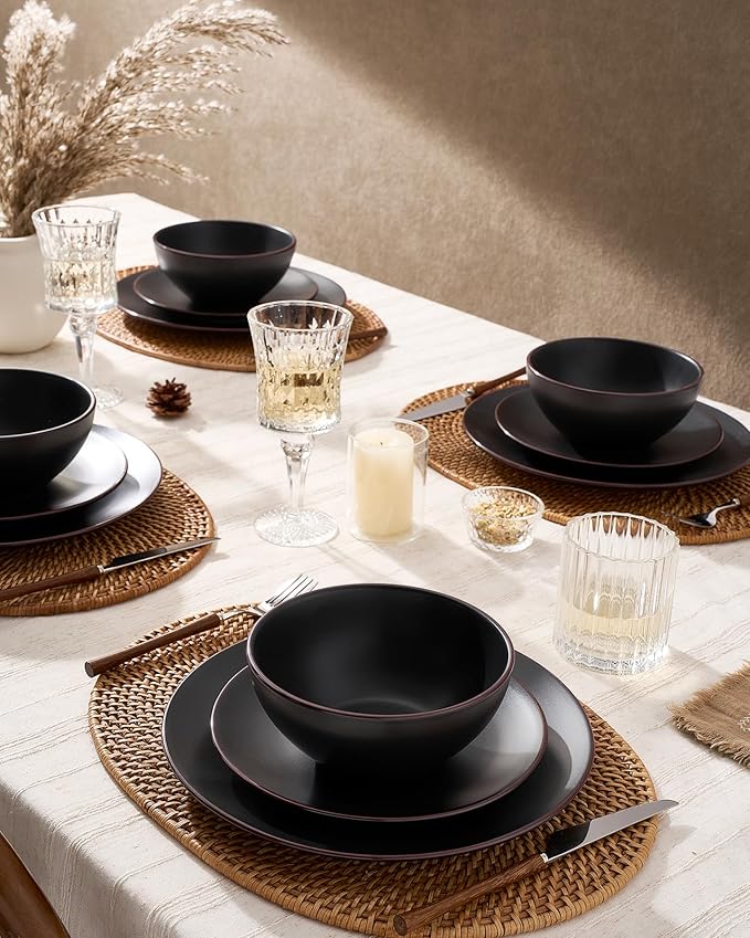 Famiware Venus Stoneware Dinnerware Set with Pasta Bowls for 4 (16 Pieces) Modern Plates and Double Bowls Matte Black - Microwave &amp Dishwasher Safe Dishes with Trim for Everyday &amp Formal Use