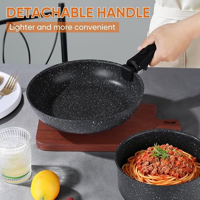 Vesteel 18Pcs Pots and Pans Set Nonstick Cookware Set with Detachable Handle Stackable RV Kitchen Cooking Utensils Set Black