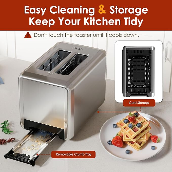 WHALL Full Touch Screen Toaster 2 Slice 1.5'' Wide Slot Stainless Steel Toaster with Digital Timer 6 Bread Types &amp 6 Shade Settings Crumb Tray Reheat/Defrost Smart Toasters for Bagels Silver