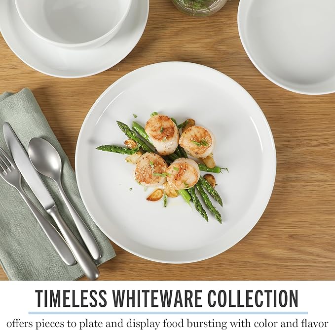 Martha Stewart Selma Chip &amp Scratch Resistant Dinnerware Set Service for 4 (16pcs) – White Plates and Bowls Durable Dishwasher and Microwave Safe Dishes Set for Everyday Use
