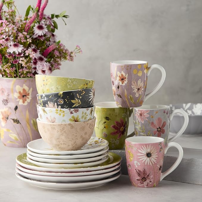 Wildflowers Ceramic 16-Piece DINNERWARE SET SERVICE for FOUR with Floral Watercolor Dinner Plates Salad Plates Mugs and Ice Cream Bowls Artistic Garden-Inspired Botanical Tableware
