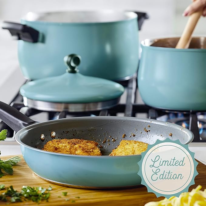 Farberware 120 Limited Edition Stainless Steel Cookware Pots and Pans Set with Prestige Kitchen Tools 10 Piece Aqua Blue
