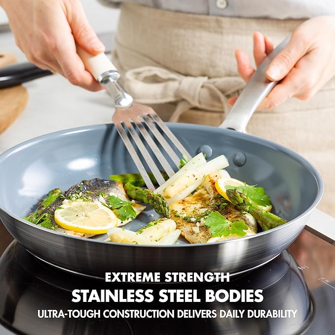 GreenPan Treviso 9.5” and 11” Frying Pan skillet Set Non-Toxic PFAS-Free Stainless Steel Ceramic Nonstick Coating Induction Suitable Multi Clad Pouring Rims Dishwasher &amp Oven Safe to 600°