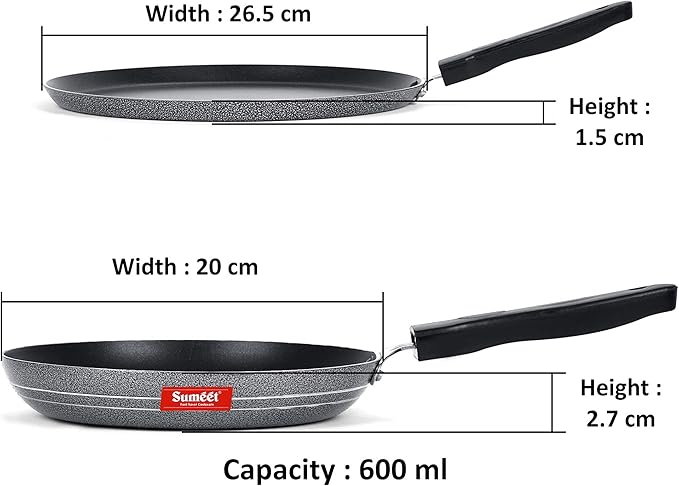 SUMEET Aluminium Non Stick Plata Cookware Set (Silver Dosa Tawa - 26.5Cm Dia Tapper pan - 0.6Ltr - 20Cm Dia)