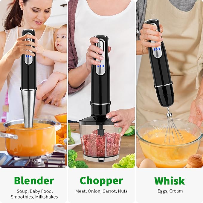 Cordless Immersion Blender Handheld Rechargeable 4 In 1 Electric Hand Blender Stick Blender Variable Speed with Chopper Beaker Whisk Stainless Steel Blade for Soup Baby Food Smoothies
