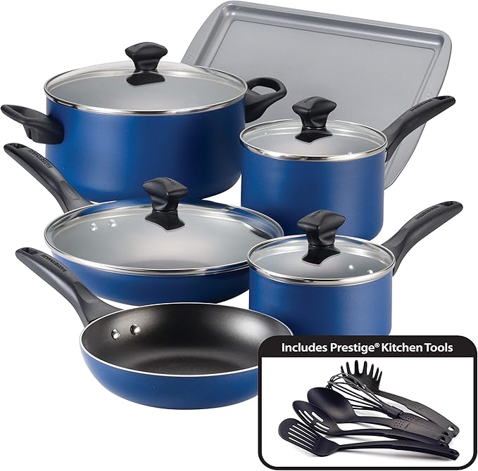 Farberware 21891 Dishwasher Safe Nonstick Cookware Set / Pots and Pans Set - 15 Piece Blue