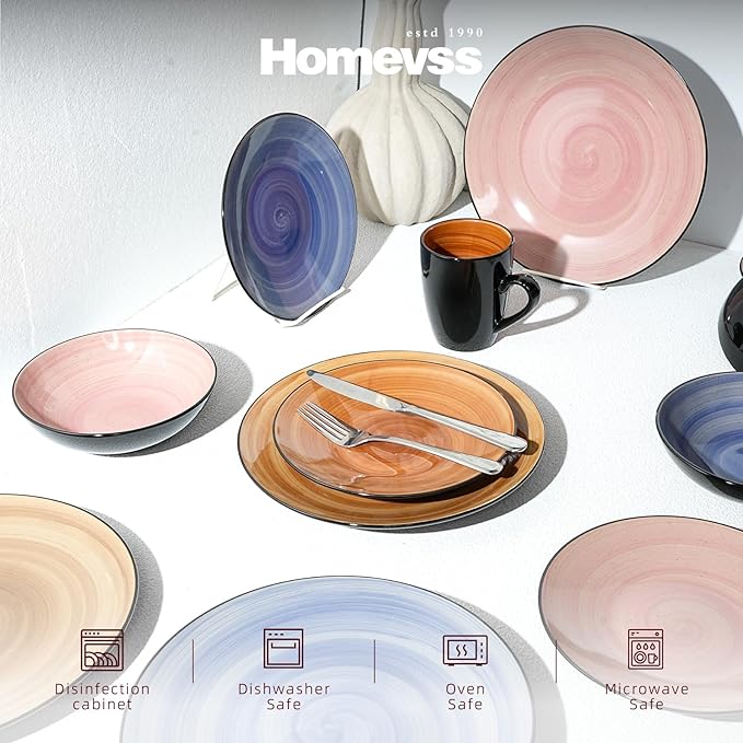 Sonoma 16pc Stoneware Dinnerware Set Outside Black + Inside Hand Painting Combi Colors of Cobalt Mocha Rose and Spice with Speckle