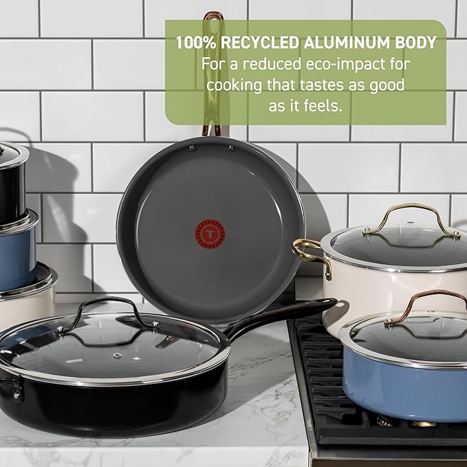 T-fal Preserve Ceramic Non stick Cookware Set 13-Piece Oven &amp Broiler Safe up to 350°F Includes Stockpot Saucepans Frying Pans Protectors Pots and Pans Rose Gold