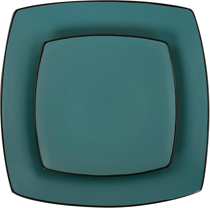 16pc Square Stoneware Dinnerware Set in Teal Green Solid Casual 16 Piece Microwave Safe