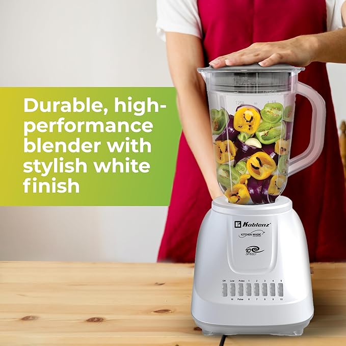 Koblenz 42 oz Plastic Jar Blender 10 Speed and 2 Pulses Countertop Blender with Stainless Steel Blades Perfect for Shakes and Smoothies 500-Watt Motor White LKM-5510 PB