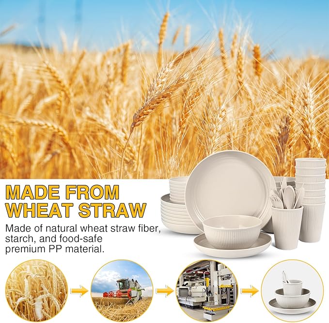 LAERJIN 56 Piece Wheat Straw Dinnerware SetsUnbreakable Reusable Dinnerware SetDishwasher &amp Microwave Safe Plates and Bowls Sets for Apartment Essentials Outdoor Camping Beige White