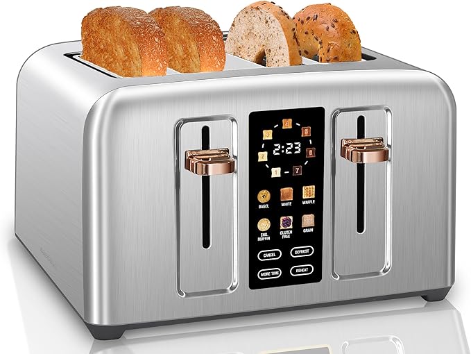 SEEDEEM Toaster 4 Slice Full Touch control Toaster LCD Display 6 Bread Type 7 Shade Settings 1.4''Wide SlotsMore Time Function Removable Crumb Tray 1800W Silver Metallic