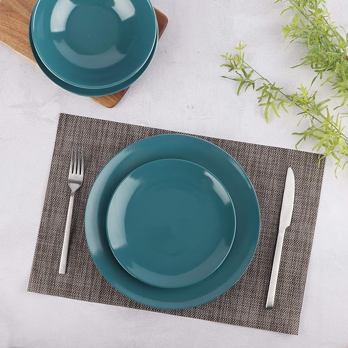 Amazon Basics 18-Piece Stoneware Dinnerware Set Service for 6 Microwave and Dishwasher Safe Plates and Bowls Deep Teal