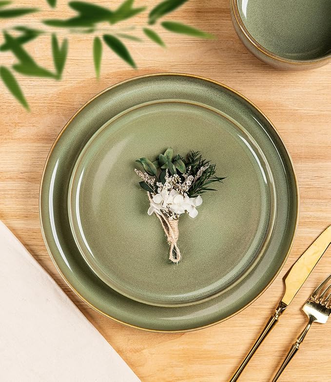 TheTerra Ceramic Dinnerware Sets for 6 18 Pieces Handmade Reactive Glaze Plates and Bowls Set Scratch Resistant Dish Set Oven &amp Microwave &amp Dishwasher Safe Sage Umber
