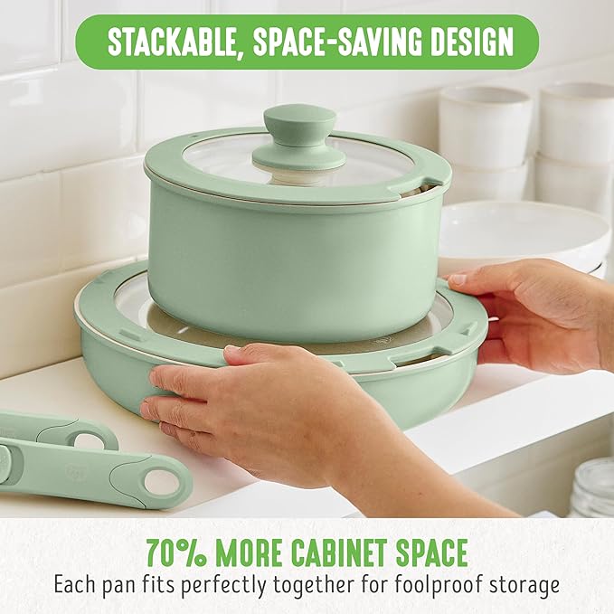 GreenLife 10 Piece Nonstick Pots &amp Pans Set Detachable Handle &amp Stackable Cookware Set Non Toxic PFAS-Free Skillets Induction Kitchen Pans Space Saving Serving Bowls Oven Safe Sage Gree