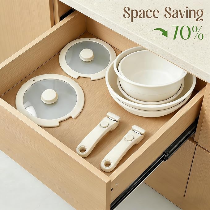 22PCS Non Stick Pots and Pans Set - Healthy Nonstick Cookware Set Detachable Handle Induction Kitchen Cooking Sets Dishwasher/Fridge/Oven Safe Space Saving Beige
