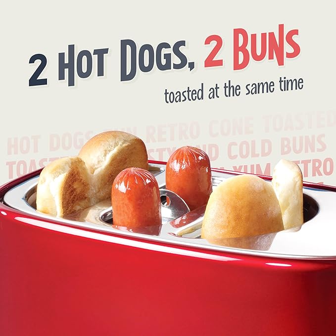 Nostalgia HDT600RETRORED Retro Pop-Up 2 Hot Dog and Bun Toaster With Mini Tongs Works With Chicken Dogs Turkey Dogs Veggie Links Sausages and Brats