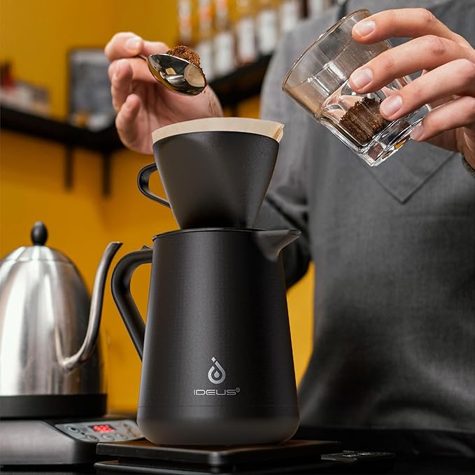 Ideus Insulated Pour Over Coffee Maker Set 20oz Stainless Steel Coffee Pot Pour Over Set Camp Coffee Carafe BPA-Free with Dripper and Tea Infuser for Home Office &amp Camping (Black)