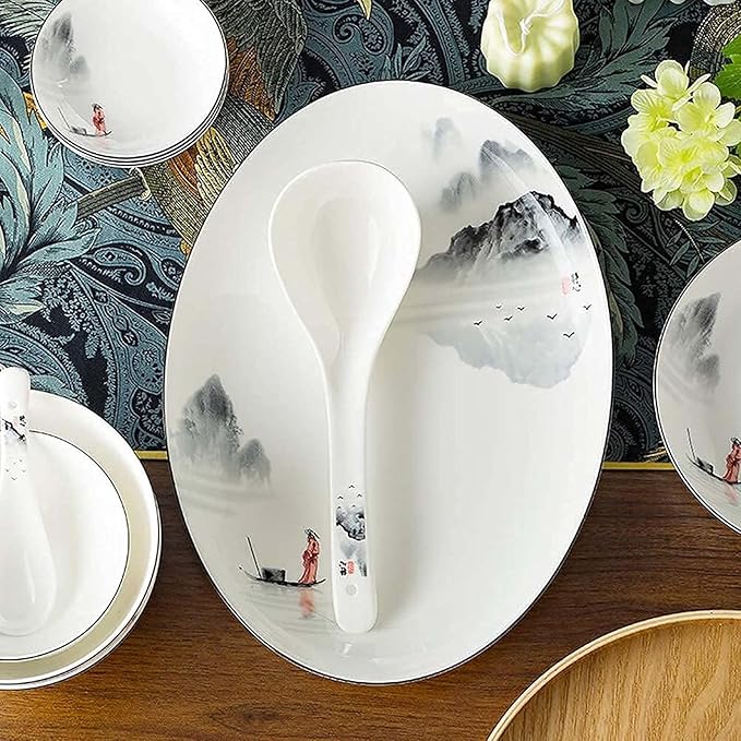 Dinnerware Sets for 4/6/12Black and White Plates Bowls SetChinese Dinner SetDish Set/tableware Ancient Ink Painting Design-for HomeKitchen Dinning35 Pieces