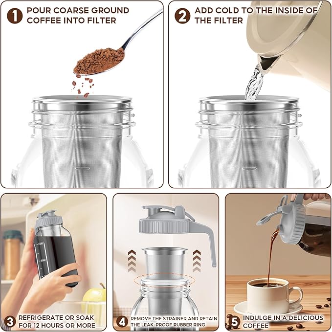 Cold Brew Coffee Maker Jar - 2 Pack 64 oz Glass Cold Brew Maker with Handle Stainless Steel Filter &amp Leak-Proof Lid Heavy Duty Cold Brew Pitcher for Iced Coffee Sun Tea and Milk